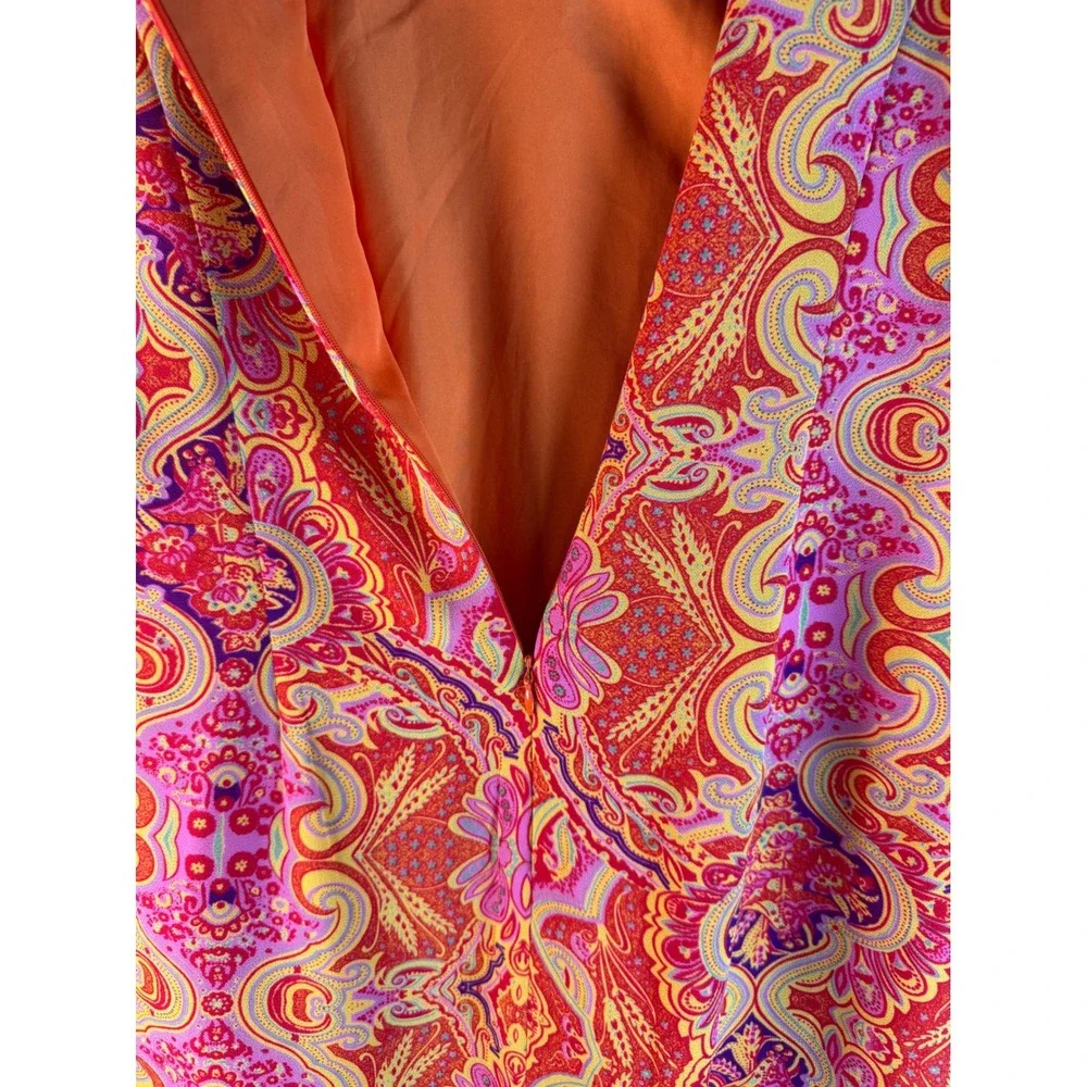 Vibrant Bianca Nygard Orange Pink Paisley Medallion V-Neck Sheath Dress Sz 8 - Picture 7 of 7